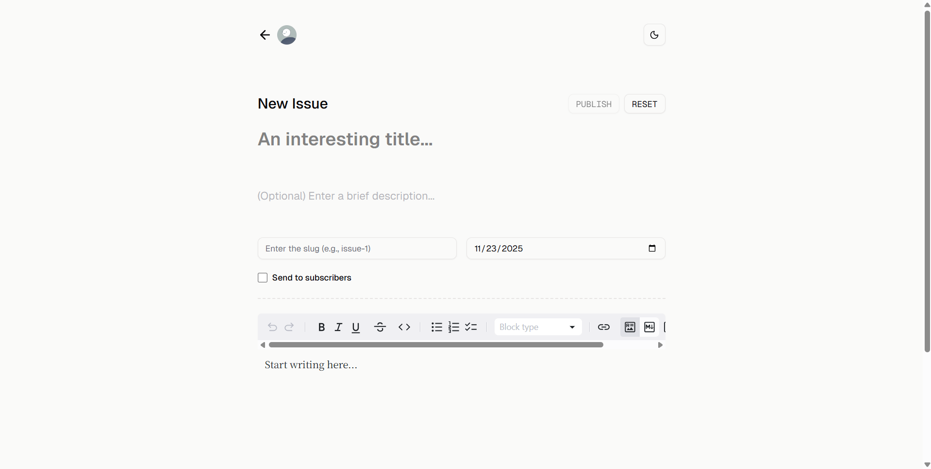 New Issue Page Screenshot